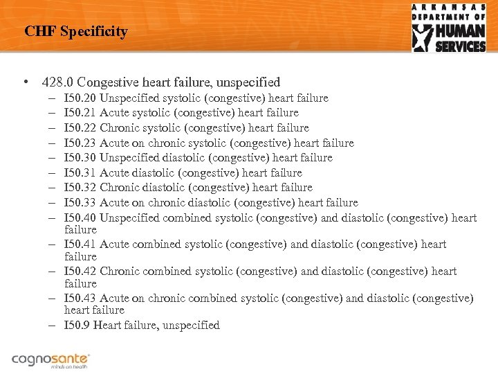 CHF Specificity • 428. 0 Congestive heart failure, unspecified – – – – I