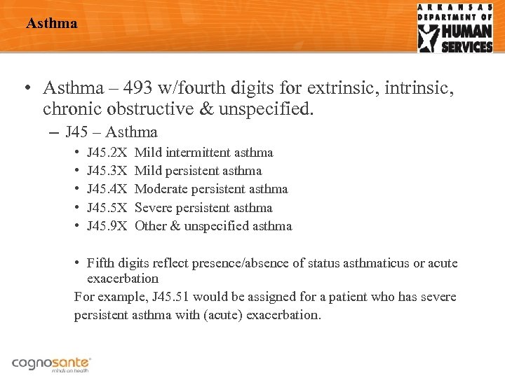 Asthma • Asthma – 493 w/fourth digits for extrinsic, intrinsic, chronic obstructive & unspecified.