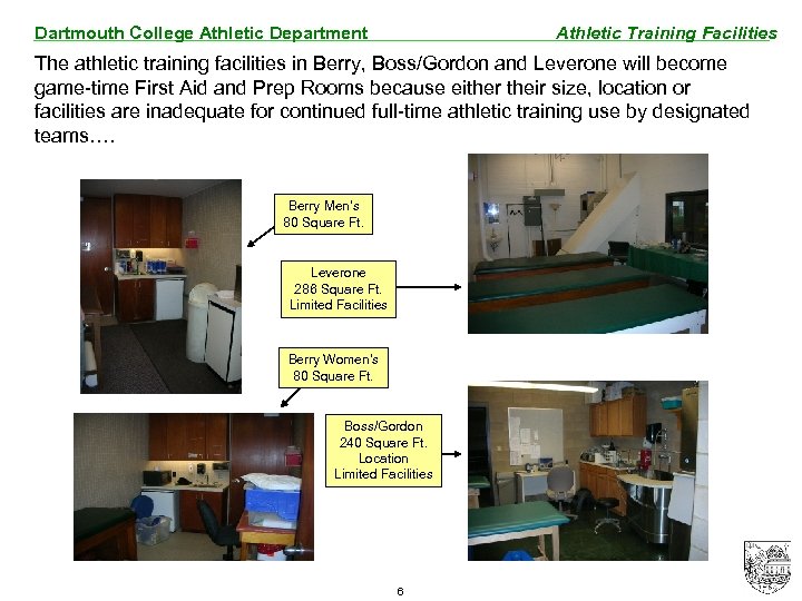 Dartmouth College Athletic Department Athletic Training Facilities The athletic training facilities in Berry, Boss/Gordon