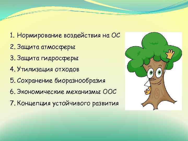 1. Нормирование воздействия на ОС 2. Защита атмосферы 3. Защита гидросферы 4. Утилизация отходов