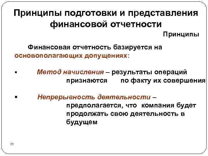 Принципы подготовки и представления финансовой отчетности Принципы Финансовая отчетность базируется на основополагающих допущениях: §