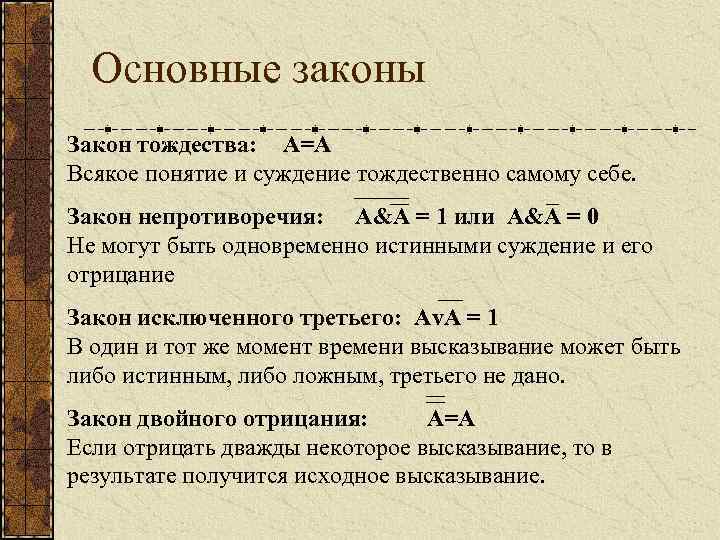 Основные законы Закон тождества: А=А Всякое понятие и суждение тождественно самому себе. Закон непротиворечия: