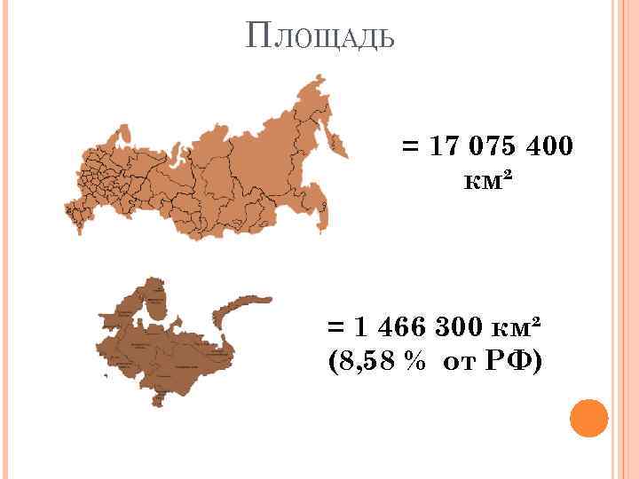 ПЛОЩАДЬ = 17 075 400 км² = 1 466 300 км² (8, 58 %