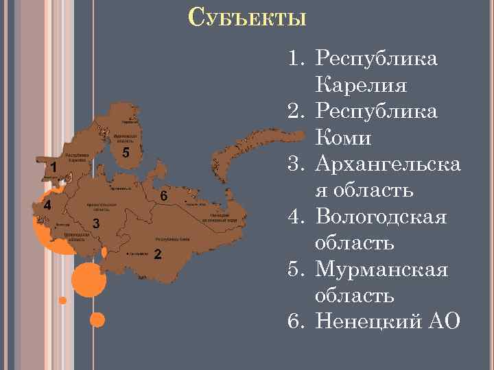 СУБЪЕКТЫ 1. Республика Карелия 2. Республика Коми 3. Архангельска я область 4. Вологодская область