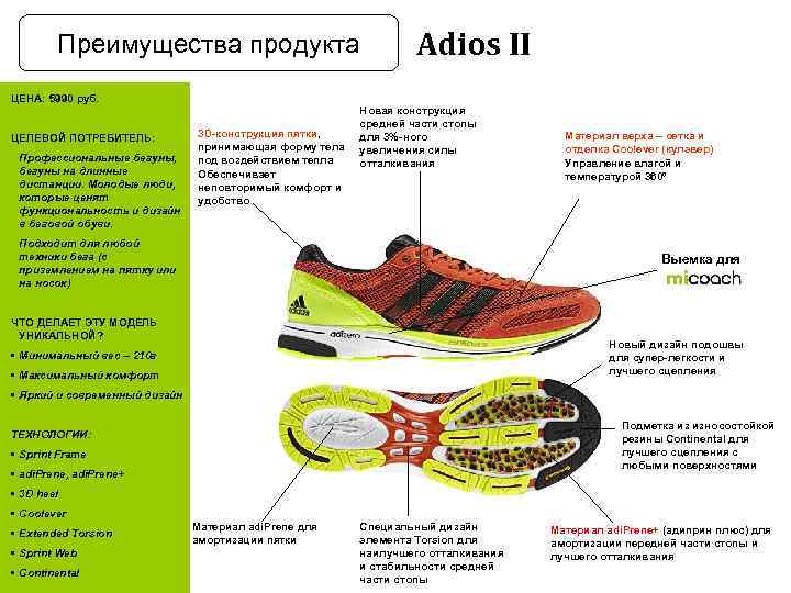 Преимущества продукта Adios II ЦЕНА: 5990 руб. ЦЕЛЕВОЙ ПОТРЕБИТЕЛЬ: Профессиональные бегуны, бегуны на длинные
