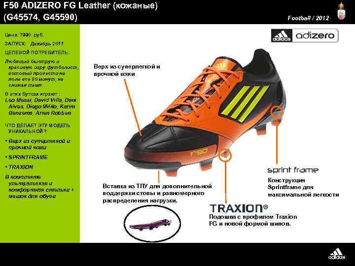 F 50 ADIZERO FG Leather (кожаные) (G 45574, G 45590) Football / 2012 Цена:
