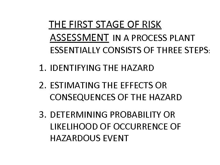  THE FIRST STAGE OF RISK ASSESSMENT IN A PROCESS PLANT ESSENTIALLY CONSISTS OF