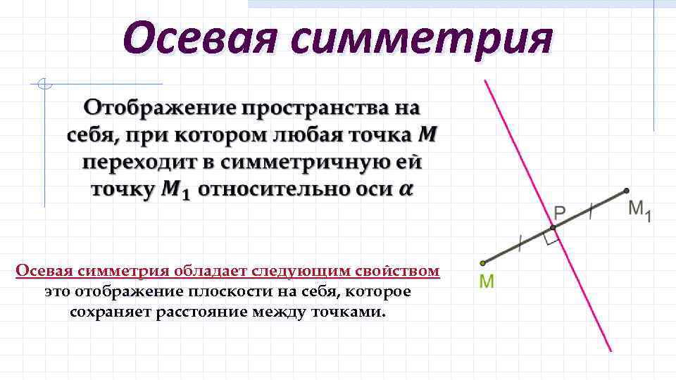 Осевая симметрия обладает следующим свойством это отображение плоскости на себя, которое сохраняет расстояние между