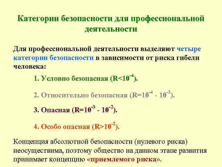 Категории безопасности для профессиональной деятельности Для профессиональной деятельности выделяют четыре категории безопасности в зависимости
