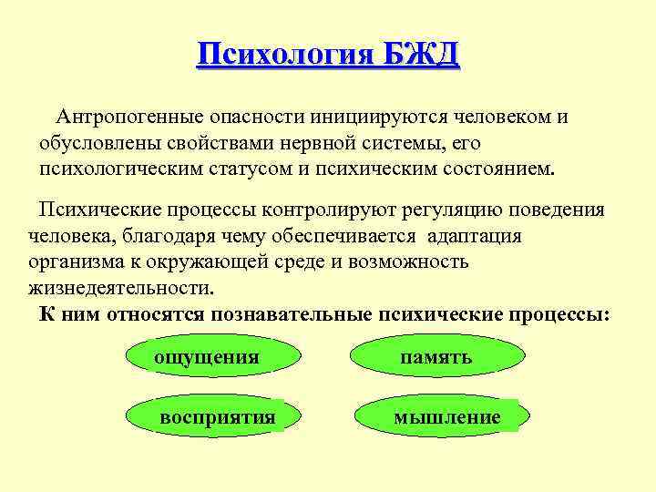 Психология БЖД Антропогенные опасности инициируются человеком и обусловлены свойствами нервной системы, его психологическим статусом