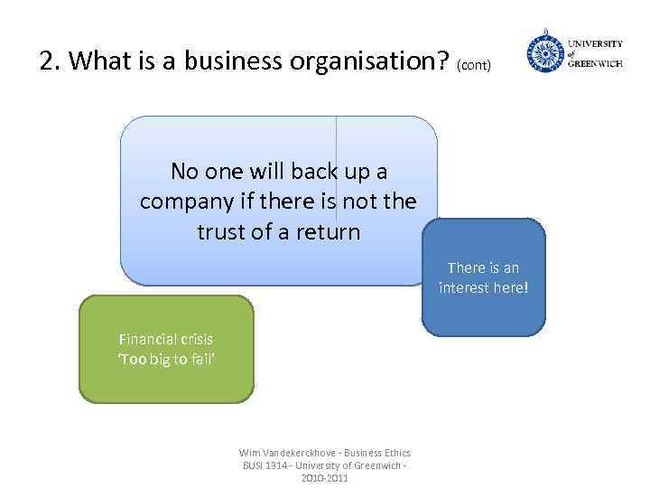 2. What is a business organisation? (cont) No one will back up a company