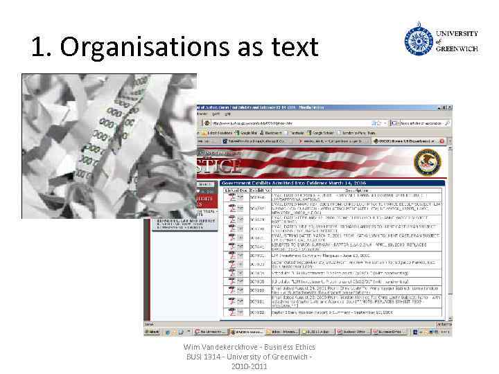 1. Organisations as text Wim Vandekerckhove - Business Ethics BUSI 1314 - University of