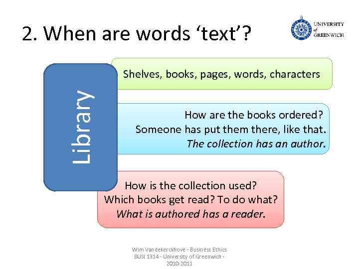 2. When are words ‘text’? Library Shelves, books, pages, words, characters How are the