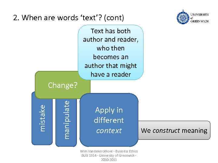 2. When are words ‘text’? (cont) Text has both author and reader, who then