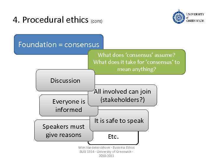 4. Procedural ethics (cont) Foundation = consensus What does ‘consensus’ assume? What does it