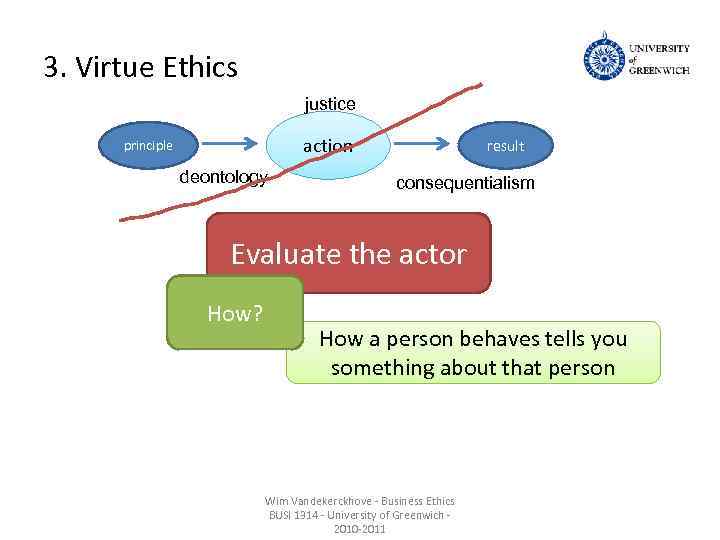 3. Virtue Ethics justice action principle deontology result consequentialism Evaluate the actor How? How