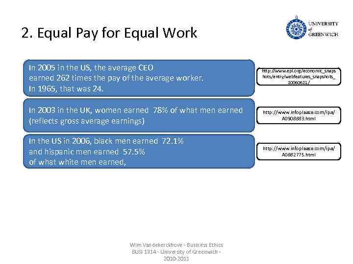 2. Equal Pay for Equal Work In 2005 in the US, the average CEO