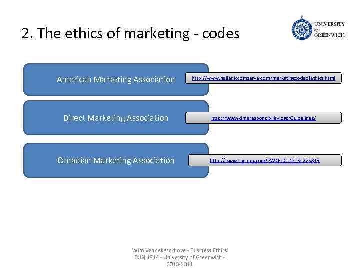 2. The ethics of marketing - codes American Marketing Association http: //www. helleniccomserve. com/marketingcodeofethics.