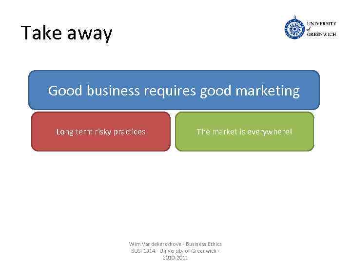 Take away Good business requires good marketing Long term risky practices The market is