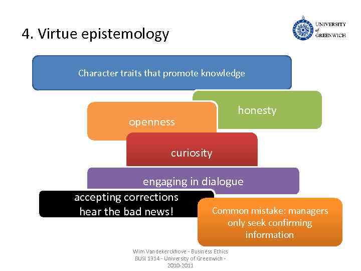 4. Virtue epistemology Character traits that promote knowledge openness honesty curiosity engaging in dialogue