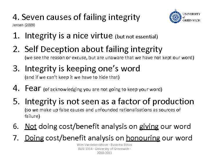 4. Seven causes of failing integrity Jensen (2009) 1. Integrity is a nice virtue