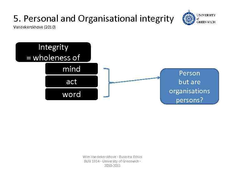 5. Personal and Organisational integrity Vandekerckhove (2010) Integrity = wholeness of mind act word