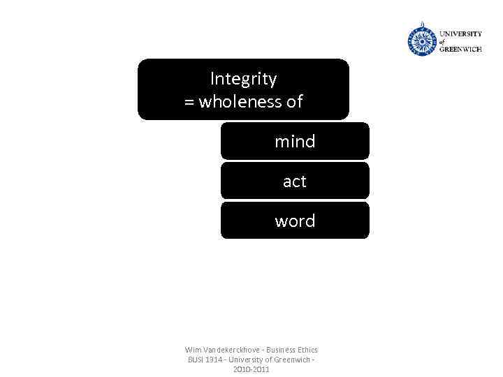 Integrity = wholeness of mind act word Wim Vandekerckhove - Business Ethics BUSI 1314