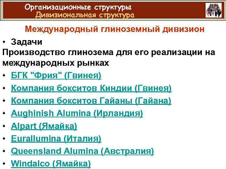 Организационные структуры Дивизиональная структура Международный глиноземный дивизион • Задачи Производство глинозема для его реализации
