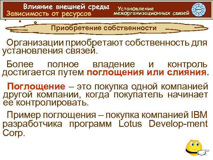 Влияние внешней среды Зависимость от ресурсов Установление межорганизационных связей Приобретение собственности Организации приобретают собственность