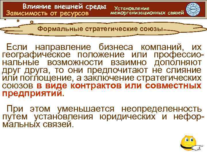 Влияние внешней среды Зависимость от ресурсов Установление межорганизационных связей Формальные стратегические союзы Если направление