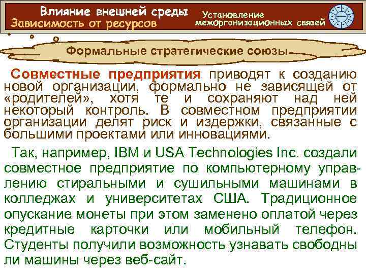 Влияние внешней среды Зависимость от ресурсов Установление межорганизационных связей Формальные стратегические союзы Совместные предприятия