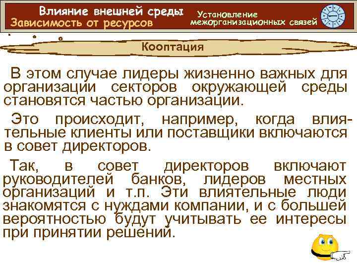 Влияние внешней среды Зависимость от ресурсов Установление межорганизационных связей Кооптация В этом случае лидеры