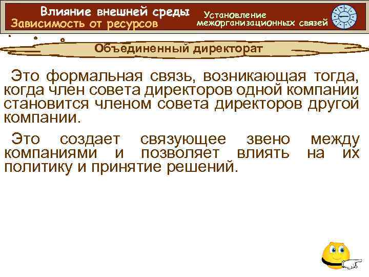Влияние внешней среды Зависимость от ресурсов Установление межорганизационных связей Объединенный директорат Это формальная связь,