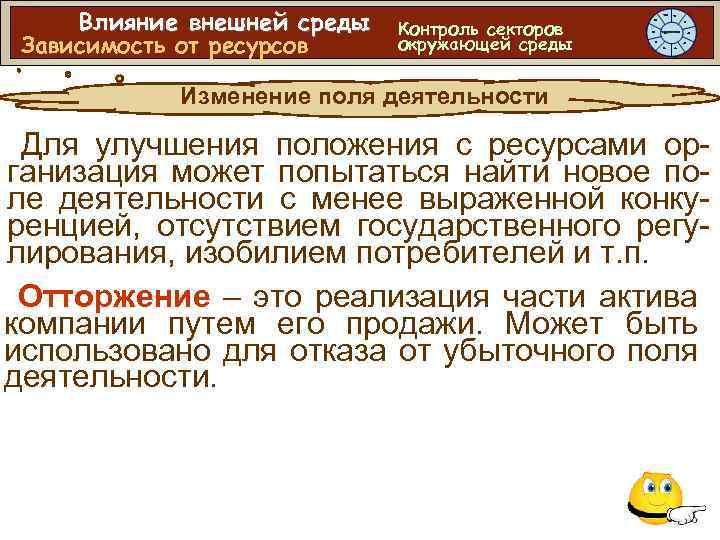 Влияние внешней среды Зависимость от ресурсов Контроль секторов окружающей среды Изменение поля деятельности Для