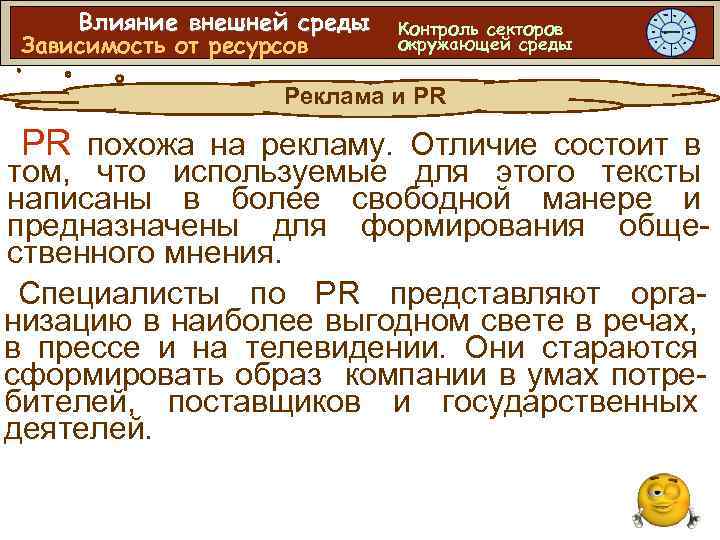 Влияние внешней среды Зависимость от ресурсов Контроль секторов окружающей среды Реклама и PR PR