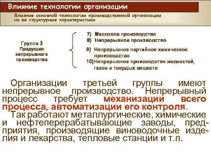 Влияние технологии организации Влияние основной технологии производственной организации на ее структурные характеристики Организации третьей