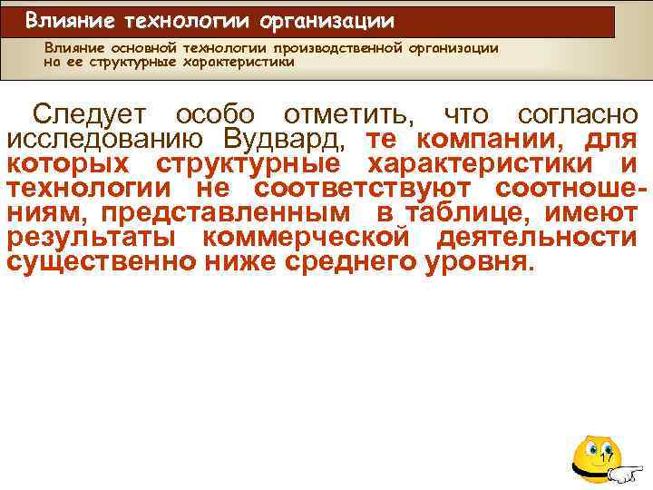 Влияние технологии организации Влияние основной технологии производственной организации на ее структурные характеристики Следует особо