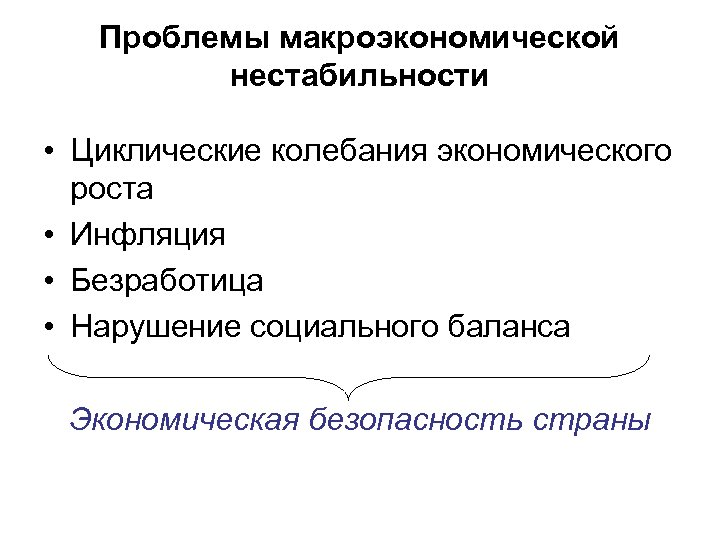 Проблемы макроэкономической нестабильности • Циклические колебания экономического роста • Инфляция • Безработица • Нарушение