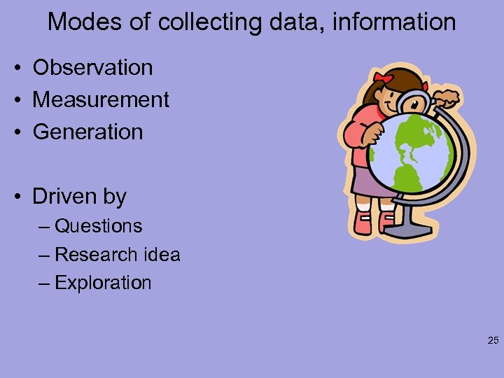 Modes of collecting data, information • Observation • Measurement • Generation • Driven by