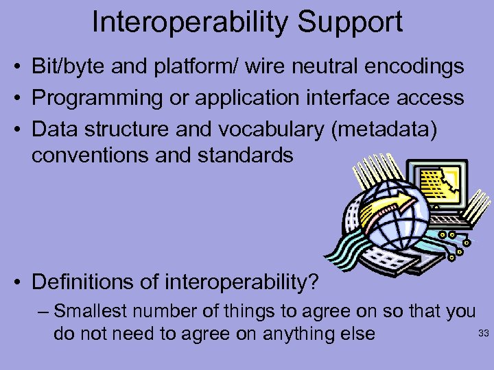 Interoperability Support • Bit/byte and platform/ wire neutral encodings • Programming or application interface