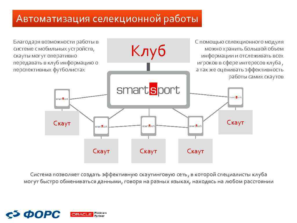 Автоматизация селекционной работы Благодаря возможности работы в системе с мобильных устройств, скауты могут оперативно