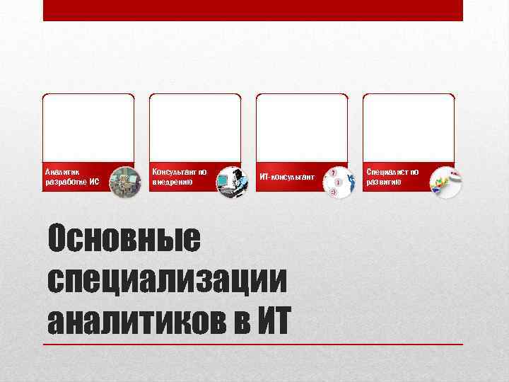 Аналитик разработке ИС Консультант по внедрению ИТ-консультант Основные специализации аналитиков в ИТ Специалист по