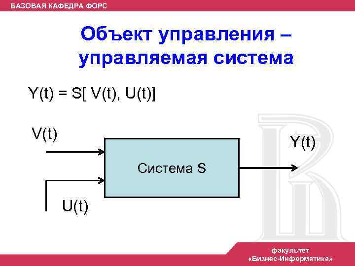 БАЗОВАЯ КАФЕДРА ФОРС Объект управления – управляемая система Y(t) = S[ V(t), U(t)] V(t)