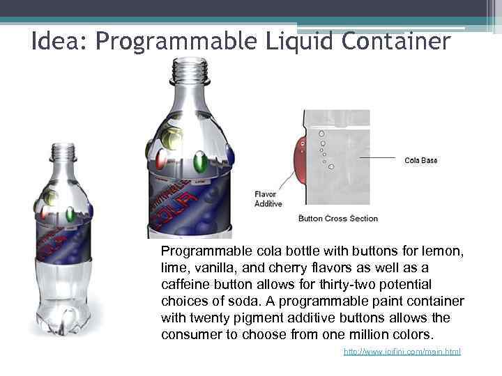 Idea: Programmable Liquid Container Programmable cola bottle with buttons for lemon, lime, vanilla, and
