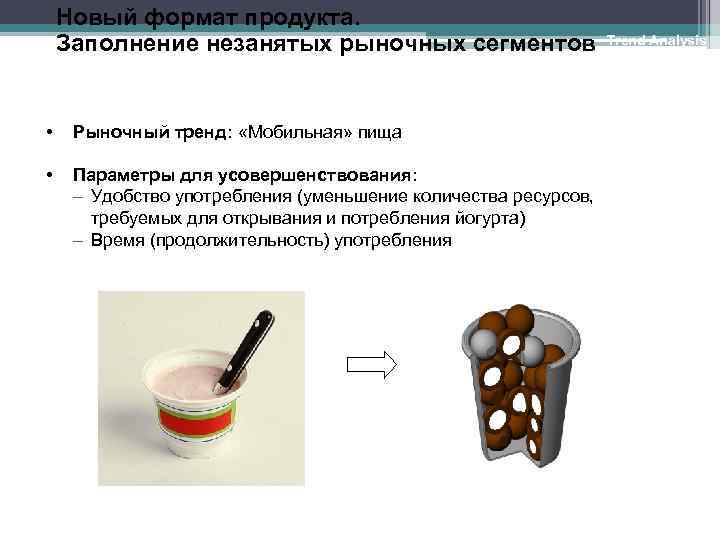 Новый формат продукта. Заполнение незанятых рыночных сегментов • Рыночный тренд: «Мобильная» пища • Параметры