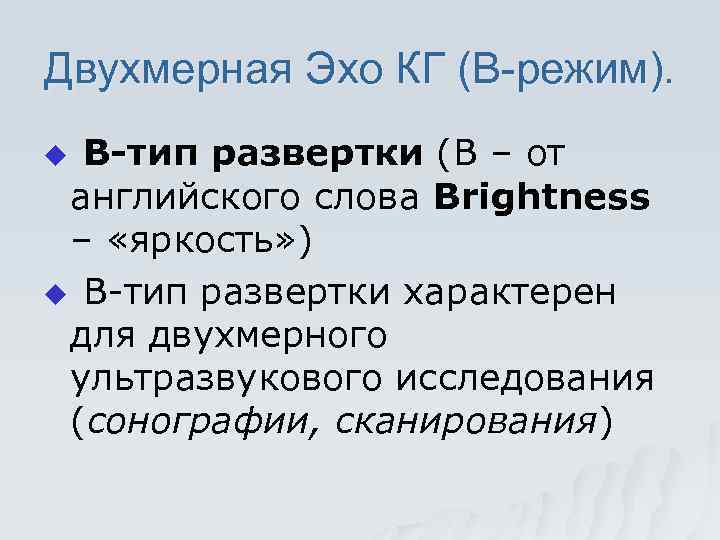 Двухмерная Эхо КГ (В-режим). В-тип развертки (В – от английского слова Brightness – «яркость»