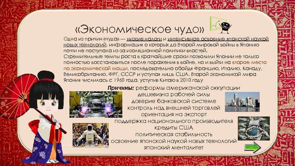  «Экономическое чудо» Одна из причин «чуда» — низкие налоги и интенсивное освоение японской