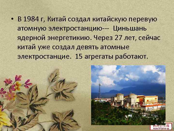  • В 1984 г, Китай создал китайскую перевую атомную электростанцию--- Циньшань ядерной энергетикию.