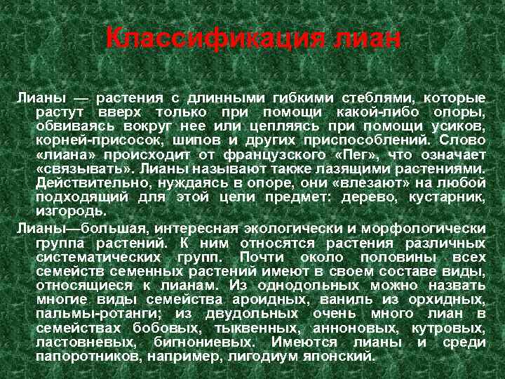 Классификация лиан Лианы — растения с длинными гибкими стеблями, которые растут вверх только при
