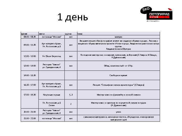 1 день время 08: 00 - 08: 30 место гостиница 